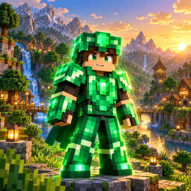 Personnage Minecraft en armure émeraude dans une vallée